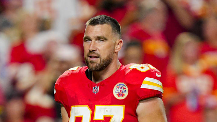 Oct 12, 2025; Kansas City, Missouri, USA; Kansas City Chiefs tight end Travis Kelce (87) during the second half against the Detroit Lions at GEHA Field at Arrowhead Stadium. Mandatory Credit: Jay Biggerstaff-Imagn Images