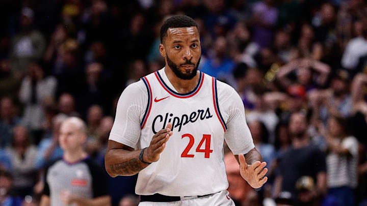 Oct 26, 2024; Denver, Colorado, USA; Los Angeles Clippers guard Norman Powell (24) reacts after a play in the fourth quarter against the Denver Nuggets at Ball Arena. Mandatory Credit: Isaiah J. Downing-Imagn Images
