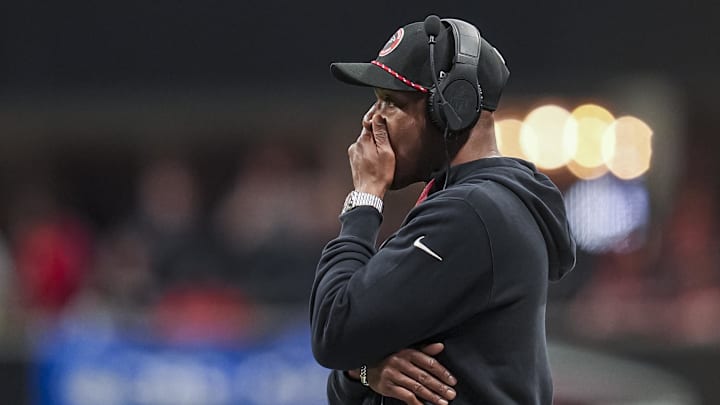 Jan 5, 2025; Atlanta, Georgia, USA; Atlanta Falcons head coach Raheem Morris reacts on the sidelines against the Carolina Panthers during the second half at Mercedes-Benz Stadium. Mandatory Credit: Dale Zanine-Imagn Images