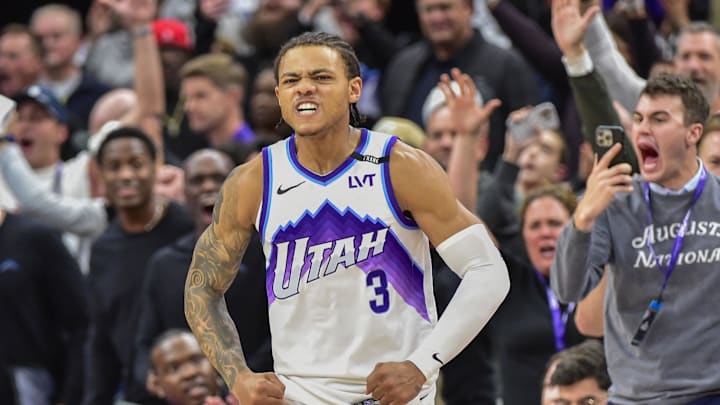 Nov 16, 2025; Salt Lake City, Utah, USA; Utah Jazz guard Keyonte George (3) reacts to his game winning shot during double overtime against the Chicago Bulls at Delta Center. Mandatory Credit: Peter Creveling-Imagn Images