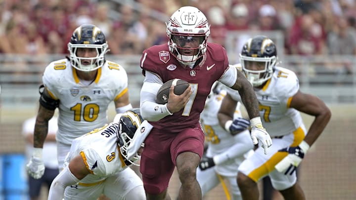 Sep 20, 2025; Tallahassee, Florida, USA; Florida State Seminoles quarterback Thomas Castellanos (1) runs the ball during the first half against the Kent State Golden Flashes at Doak S. Campbell Stadium. Mandatory Credit: Melina Myers-Imagn Images