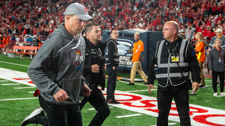 Sep 10, 2022; Lincoln, Nebraska, USA; Nebraska Cornhuskers head coach Scott Frost runs off the field after being defeated by the Georgia Southern Eagles at Memorial Stadium.