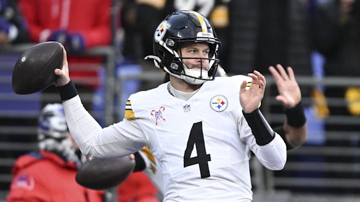 Dec 21, 2024; Baltimore, Maryland, USA;  Pittsburgh Steelers quarterback Kyle Allen (4) throws  the field before the game against the Baltimore Ravens at M&T Bank Stadium. Mandatory Credit: Tommy Gilligan-Imagn Images