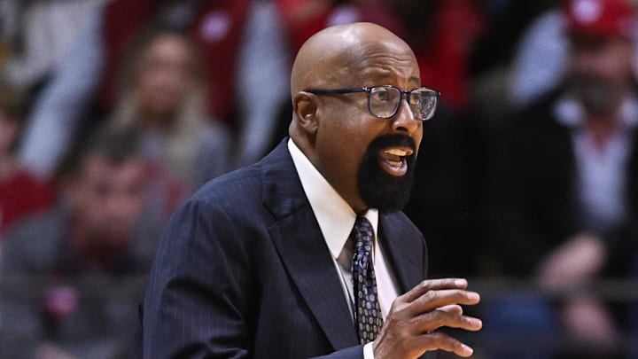 Dec 6, 2024; Bloomington, Indiana, USA;  Indiana Hoosiers head coach Mike Woodson reacts to a call during the second half against the Miami (Oh) Redhawks at Simon Skjodt Assembly Hall. Mandatory Credit: Robert Goddin-Imagn Images