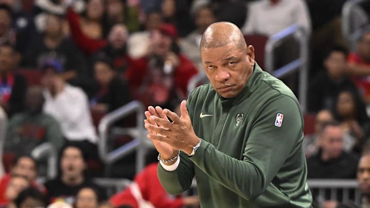 Oct 12, 2025; Chicago, Illinois, USA; Milwaukee Bucks head coach Doc Rivers directs the team against the Chicago Bulls during the second half at the United Center. Mandatory Credit: Matt Marton-Imagn Images Oct 12, 2025; Chicago, Illinois, USA; Milwaukee Bucks head coach Doc Rivers directs the team against the Chicago Bulls during the second half at the United Center. Mandatory Credit: Matt Marton-Imagn Images