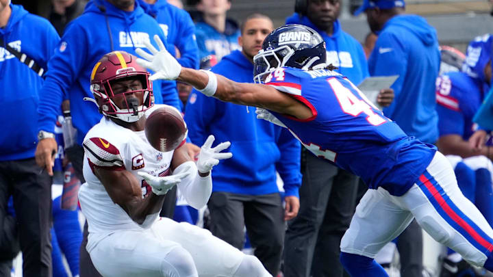 Washington Commanders wide receiver Terry McLaurin against New York Giants cornerback Nick McCloud.
