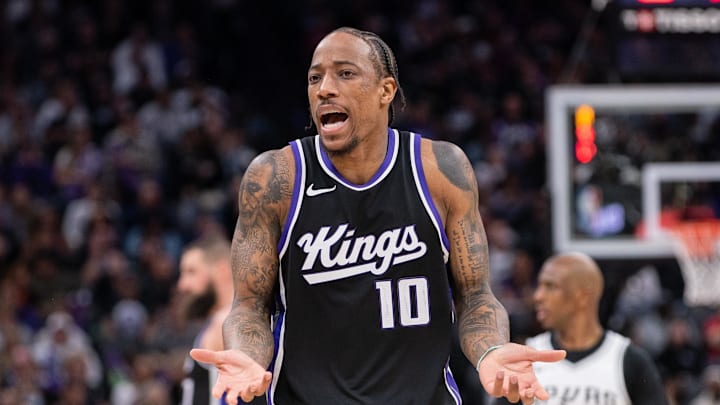 Mar 7, 2025; Sacramento, California, USA; Sacramento Kings forward DeMar DeRozan (10) reacts to a call during the fourth quarter of the game against the San Antonio Spurs at Golden 1 Center. Mandatory Credit: Ed Szczepanski-Imagn Images