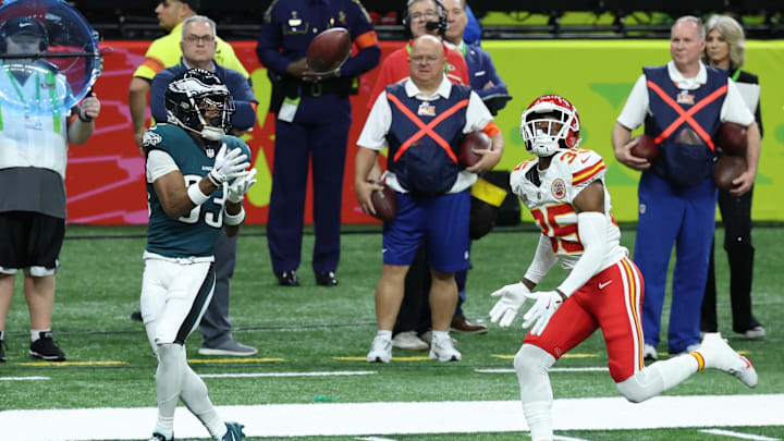 Feb 9, 2025; New Orleans, LA, USA; Philadelphia Eagles wide receiver Jahan Dotson (83) catches a pass against Kansas City Chiefs cornerback Jaylen Watson (35) in the first quarter in Super Bowl LIX at Ceasars Superdome. Mandatory Credit: Stephen Lew-Imagn Images