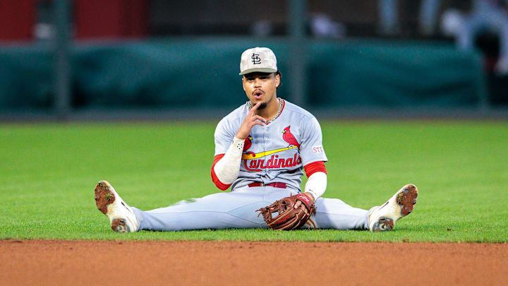 May 17, 2025; Kansas City, Missouri, USA; St. Louis Cardinals shortstop Masyn Winn (0) reacts after a play during the ninth inning against the Kansas City Royals at Kauffman Stadium. Mandatory Credit: William Purnell-Imagn Images