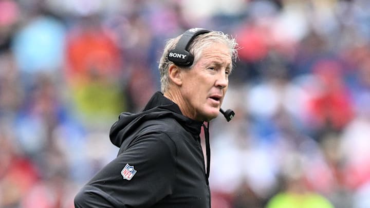 Sep 7, 2025; Foxborough, Massachusetts, USA; Las Vegas Raiders head coach Pete Carroll in the first half against the New England Patriots at Gillette Stadium. Mandatory Credit: Brian Fluharty-Imagn Images