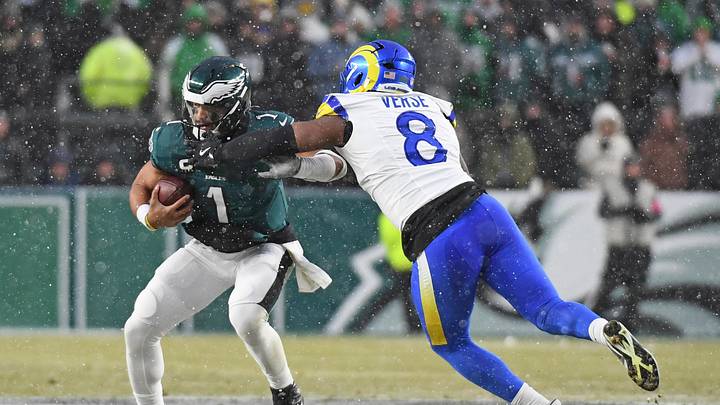 Jan 19, 2025; Philadelphia, Pennsylvania, USA;Los Angeles Rams linebacker Jared Verse (8) sacks Philadelphia Eagles quarterback Jalen Hurts (1) in a 2025 NFC divisional round game at Lincoln Financial Field. Mandatory Credit: Eric Hartline-Imagn Images Jan 19, 2025; Philadelphia, Pennsylvania, USA;Los Angeles Rams linebacker Jared Verse (8) sacks Philadelphia Eagles quarterback Jalen Hurts (1) in a 2025 NFC divisional round game at Lincoln Financial Field. Mandatory Credit: Eric Hartline-Imagn Images