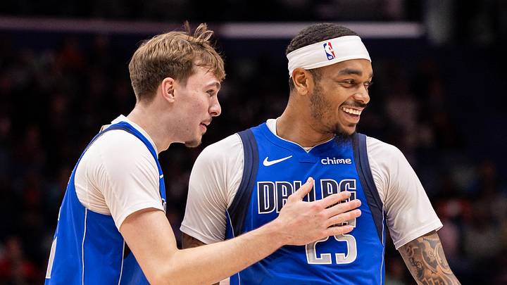 Mar 16, 2026; New Orleans, Louisiana, USA; Dallas Mavericks forward Cooper Flagg (32) shares a moment with forward P.J. Washington (25) against the New Orleans Pelicans during the first half at Smoothie King Center. Mandatory Credit: Stephen Lew-Imagn Images Mar 16, 2026; New Orleans, Louisiana, USA; Dallas Mavericks forward Cooper Flagg (32) shares a moment with forward P.J. Washington (25) against the New Orleans Pelicans during the first half at Smoothie King Center. Mandatory Credit: Stephen Lew-Imagn Images