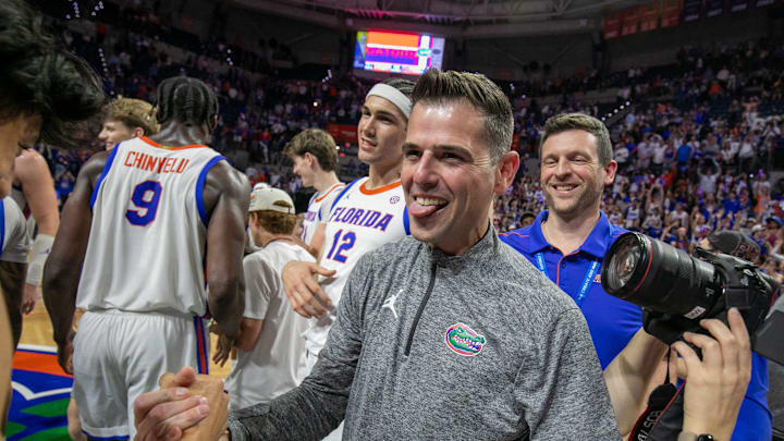 Florida head coach Todd Golden celebrates his 100th win and beating Mississippi State 108-77 an NCAA mens basketball game at Steven C. O'Connell Center Exactek arena in Gainesville, FL on Tuesday, March 3, 2026. [Alan Youngblood/Gainesville Sun]