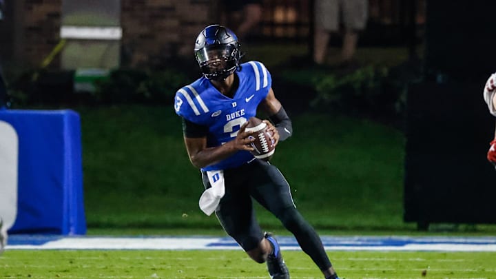 Oct 14, 2023; Durham, North Carolina, USADuke Blue Devils quarterback Henry Belin IV (3) prepares to throw the ball during the second half of the game against North Carolina State Wolfpack at Wallace Wade Stadium. Mandatory Credit: Jaylynn Nash-Imagn Images