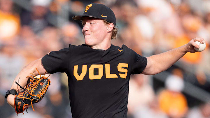 Tennessee's Liam Doyle (12) pitches during a college baseball game between Tennessee and Vanderbilt at Lindsey Nelson Stadium in Knoxville, Tenn., on May 9, 2025.