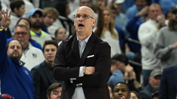 Feb 11, 2025; Omaha, Nebraska, USA;  Connecticut Huskies head coach Dan Hurley calls out a play against the Creighton Bluejays during the second half at CHI Health Center Omaha. Mandatory Credit: Steven Branscombe-Imagn Images