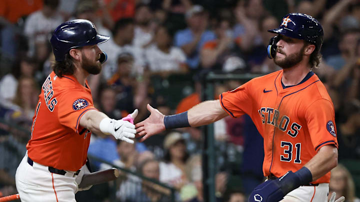 Jun 13, 2025; Houston, Texas, USA; Houston Astros second baseman Brendan Rodgers (1) celebrates left fielder Jacob Melton (31) run agains the Minnesota Twins in the third inning at Daikin Park. Jun 13, 2025; Houston, Texas, USA; Houston Astros second baseman Brendan Rodgers (1) celebrates left fielder Jacob Melton (31) run agains the Minnesota Twins in the third inning at Daikin Park.