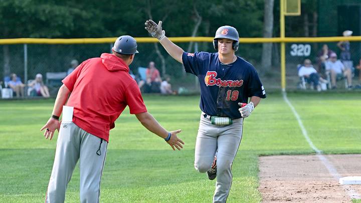 COTUIT   07/17/23    Garrett Michel round third celebrating on a solo homerun  against Cotuit in the second inning.  Cape League Baseball