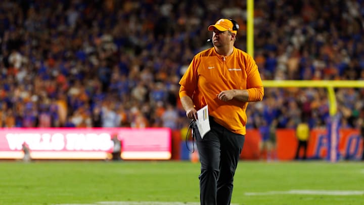Nov 22, 2025; Gainesville, Florida, USA; Tennessee Volunteers head coach Josh Heupel looks on against the Florida Gators during the first half at Ben Hill Griffin Stadium. Mandatory Credit: Matt Pendleton-Imagn Images