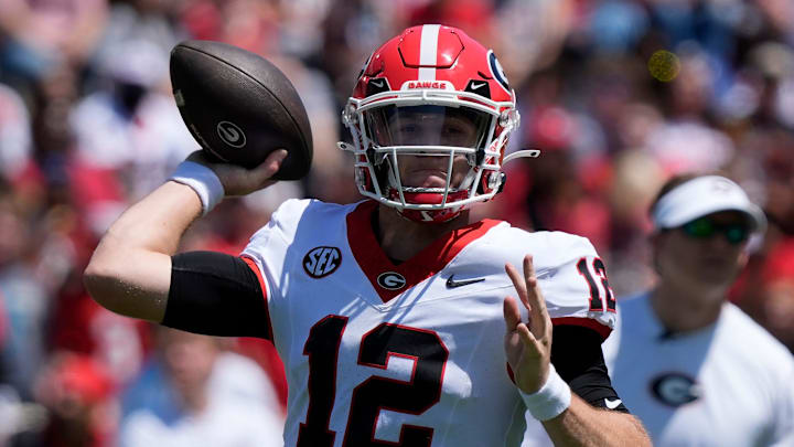 Georgia quarterback Ryan Puglisi (12) looks to throw a pass during the Georgia G-Day spring football game in Athens, Ga., on Saturday, April 12, 2025.