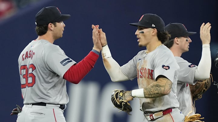 Sep 23, 2024; Toronto, Ontario, CAN; Boston Red Sox left fielder Jarren Duran (right) and first baseman Triston Casas (36) celebrate a win over the Toronto Blue Jays at Rogers Centre. Mandatory Credit: John E. Sokolowski-Imagn Images