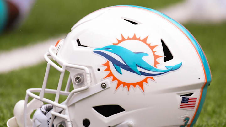 Oct 31, 2021; Orchard Park, New York, USA; General view of a Miami Dolphins helmet prior to the game against the Buffalo Bills at Highmark Stadium. Mandatory Credit: Rich Barnes-Imagn Images