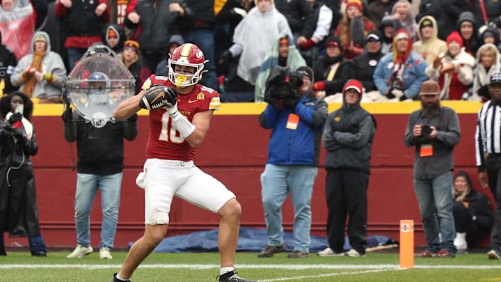 Nov 1, 2025; Ames, Iowa, USA; Iowa State Cyclones tight end Benjamin Brahmer (18) catches a touchdown pass against the Arizona State Sun Devils during the first half at Jack Trice Stadium. Mandatory Credit: Reese Strickland-Imagn Images