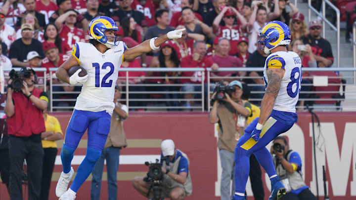 Nov 9, 2025; Santa Clara, California, USA; Los Angeles Rams wide receiver Puka Nacua (12) celebrates with Los Angeles Rams tight end Tyler Higbee (89) after a touchdown during the first quarter against the San Francisco 49ers at Levi's Stadium. Mandatory Credit: Kyle Terada-Imagn Images