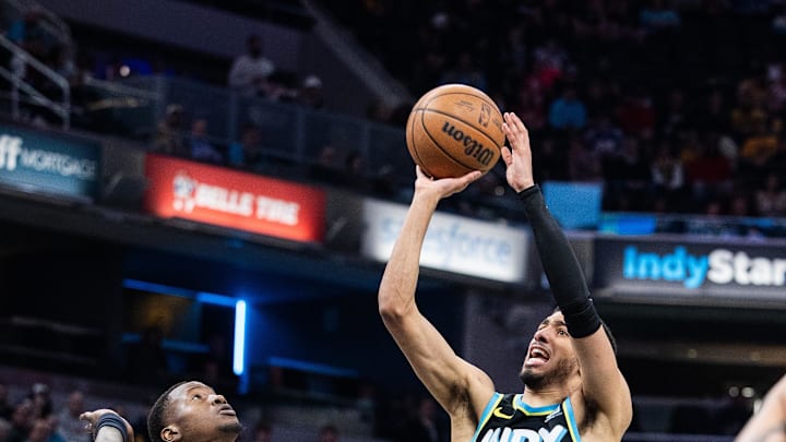 Apr 7, 2024; Indianapolis, Indiana, USA; Indiana Pacers guard Tyrese Haliburton (0) shoots the ball Apr 7, 2024; Indianapolis, Indiana, USA; Indiana Pacers guard Tyrese Haliburton (0) shoots the ball