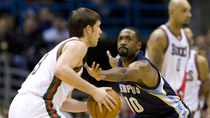 Mar 31, 2012; Milwaukee, WI, USA;  Memphis Grizzlies guard Gilbert Arenas (10) defends Milwaukee Bucks guard Beno Udrih (19) during the second quarter at the Bradley Center.  Mandatory Credit: Jeff Hanisch-Imagn Images