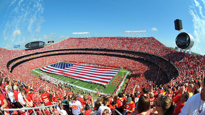 Sept 11, 2011; Kansas City, MO, USA; General view of fans and a giant American flag covering the field inside Arrowhead Stadium during a 9/11 tribute before the game between the Kansas City Chiefs and Buffalo Bills.  Mandatory Credit: Denny Medley-Imagn Images