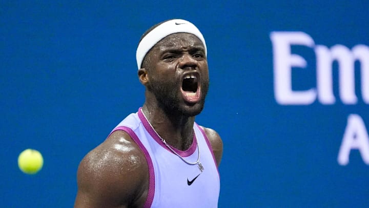 Sep 1, 2024; Flushing, NY, USA; Frances Tiafoe (USA) reacts after winning a game in the 3rd set against Alexei Popyrin (AUS) on day seven of the 2024 U.S. Open tennis tournament at USTA Billie Jean King National Tennis Center. Mandatory Credit: Robert Deutsch-Imagn Images