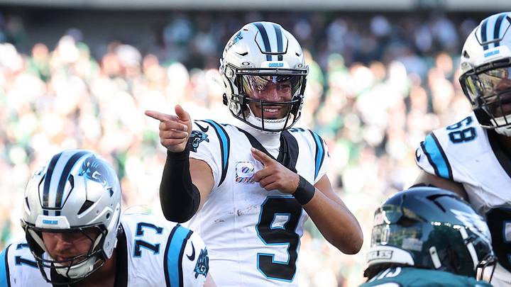 Carolina Panthers quarterback Bryce Young (9) reacts after drawing a Philadelphia Eagles offsides Carolina Panthers quarterback Bryce Young (9) reacts after drawing a Philadelphia Eagles offsides