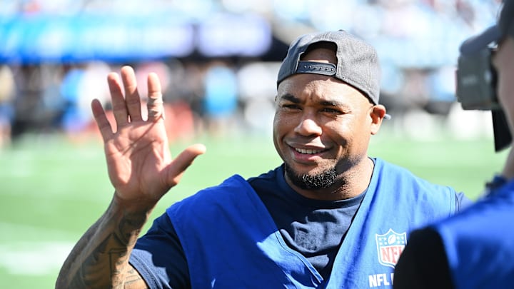 Oct 29, 2023; Charlotte, North Carolina, USA; Former Carolina Panthers wide receiver Steve Smith on the sidelines working with NFL Films at Bank of America Stadium.