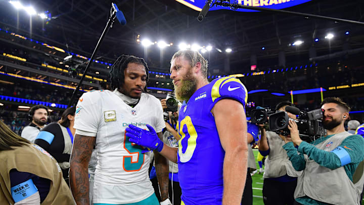 Nov 11, 2024; Inglewood, California, USA; Miami Dolphins cornerback Jalen Ramsey (5) meets with Los Angeles Rams wide receiver Cooper Kupp (10) following the game at SoFi Stadium.