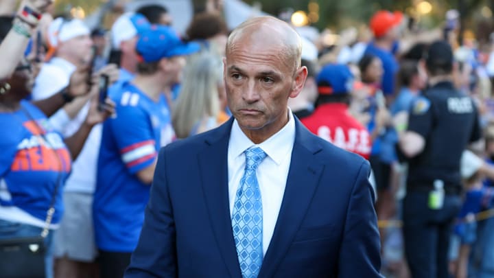 Florida Interim Head Coach Billy Gonzales walk by the fans during Gator walk before an NCAA football game against Tennessee at Steve Spurrier Field at Ben Hill Griffin Stadium in Gainesville, FL on Saturday, November 22, 2025. [Alan Youngblood/Gainesville Sun]