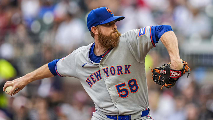 Jun 18, 2025; Cumberland, Georgia, USA; New York Mets starting pitcher Paul Blackburn (58) pitches against the Atlanta Braves during the first inning at Truist Park. Mandatory Credit: Dale Zanine-Imagn Images