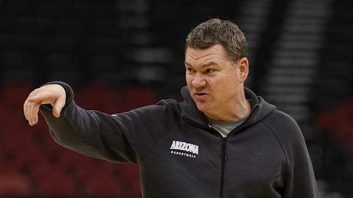 Mar 26, 2025; Newark, NJ, USA; Arizona Wildcats head coach Tommy Lloyd during a practice session in preparation for an East Regional semifinal game against the Duke Blue Devils at Prudential Center. Mandatory Credit: Vincent Carchietta-Imagn Images Mar 26, 2025; Newark, NJ, USA; Arizona Wildcats head coach Tommy Lloyd during a practice session in preparation for an East Regional semifinal game against the Duke Blue Devils at Prudential Center. Mandatory Credit: Vincent Carchietta-Imagn Images