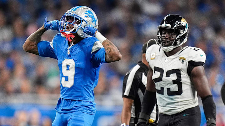 Detroit Lions wide receiver Jameson Williams (9) celebrates a first down against Jacksonville Jaguars during the second half at Ford Field in Detroit on Sunday, Nov. 17, 2024.