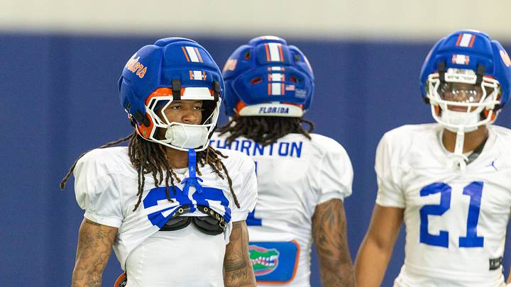 Florida running back Kanye Clark (20) runs a drill during spring practice at Sanders Practice Fields in Gainesville, FL on Tuesday, March 31, 2026. [Alan Youngblood/Gainesville Sun]