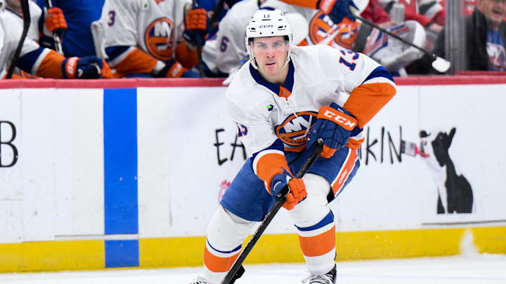 Feb 5, 2026; Newark, New Jersey, USA; New York Islanders center Mathew Barzal (13) skates with the puck during the first period against the New Jersey Devils at Prudential Center. Mandatory Credit: John Jones-Imagn Images