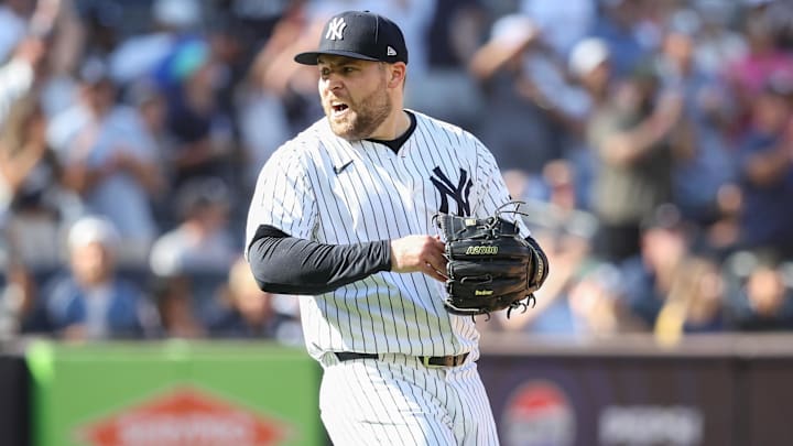 Aug 9, 2025; Bronx, New York, USA;  New York Yankees relief pitcher David Bednar (53) reacts after defeating the Houston Astros 5-4 at Yankee Stadium. Mandatory Credit: Wendell Cruz-Imagn Images