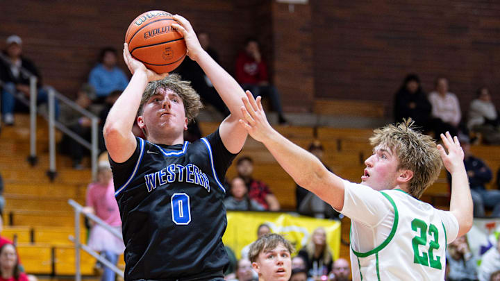 Western Christian's Caleb Brown (0) shoots the ball during the Capitol City Classic at Willamette University on Saturday, Dec. 21, 2024, in Salem, Ore.