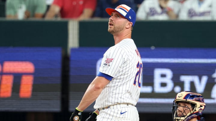 Jul 15, 2024; Arlington, TX, USA; National League first baseman Pete Alonso of the New York Mets (20) competes during the 2024 Home Run Derby at Globe Life Field. Mandatory Credit: Kevin Jairaj-USA TODAY Sports