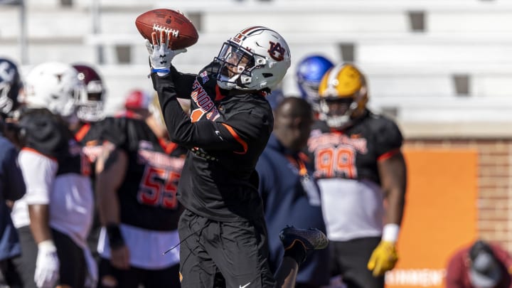 Jan 30, 2024; Mobile, AL, USA; American defensive back Nehemiah Pritchett of Auburn (1) works through drills during practice for the American team at Hancock Whitney Stadium. Jan 30, 2024; Mobile, AL, USA; American defensive back Nehemiah Pritchett of Auburn (1) works through drills during practice for the American team at Hancock Whitney Stadium.