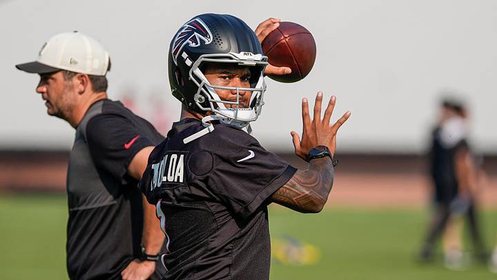 Jul 30, 2026; Atlanta, Falcons, USA; Atlanta Falcons quarterback Tua Tagovailoa (1) shown on the field during training camp at IBM Performance Field. Mandatory Credit: Dale Zanine-Imagn Images