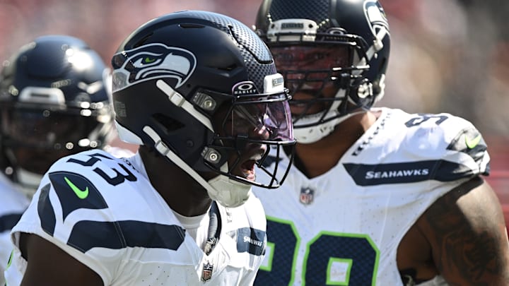Sep 15, 2024; Foxborough, Massachusetts, USA; Seattle Seahawks linebacker Boye Mafe (53) reacts after a sack against the New England Patriots during the first half at Gillette Stadium. Sep 15, 2024; Foxborough, Massachusetts, USA; Seattle Seahawks linebacker Boye Mafe (53) reacts after a sack against the New England Patriots during the first half at Gillette Stadium.