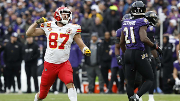 Jan 28, 2024; Baltimore, Maryland, USA; Kansas City Chiefs tight end Travis Kelce (87) celebrates after catching a pass against the Baltimore Ravens in the AFC Championship football game at M&T Bank Stadium. Mandatory Credit: Geoff Burke-USA TODAY Sports