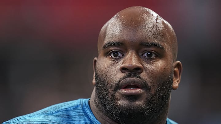 Jan 5, 2025; Atlanta, Georgia, USA; Carolina Panthers offensive tackle Taylor Moton (72) on the field prior to the game against the Atlanta Falcons at Mercedes-Benz Stadium. Jan 5, 2025; Atlanta, Georgia, USA; Carolina Panthers offensive tackle Taylor Moton (72) on the field prior to the game against the Atlanta Falcons at Mercedes-Benz Stadium.