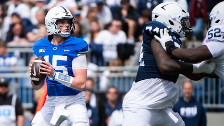 Penn State quarterback Drew Allar passes from the pocket during the 2025 Blue-White Game at Beaver Stadium. 
